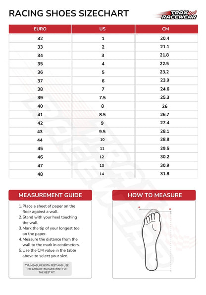 A racing shoes size chart infographic from Trax Racewear, showing a size conversion table from Euro to US and CM, along with a measurement guide and a foot measurement diagram.