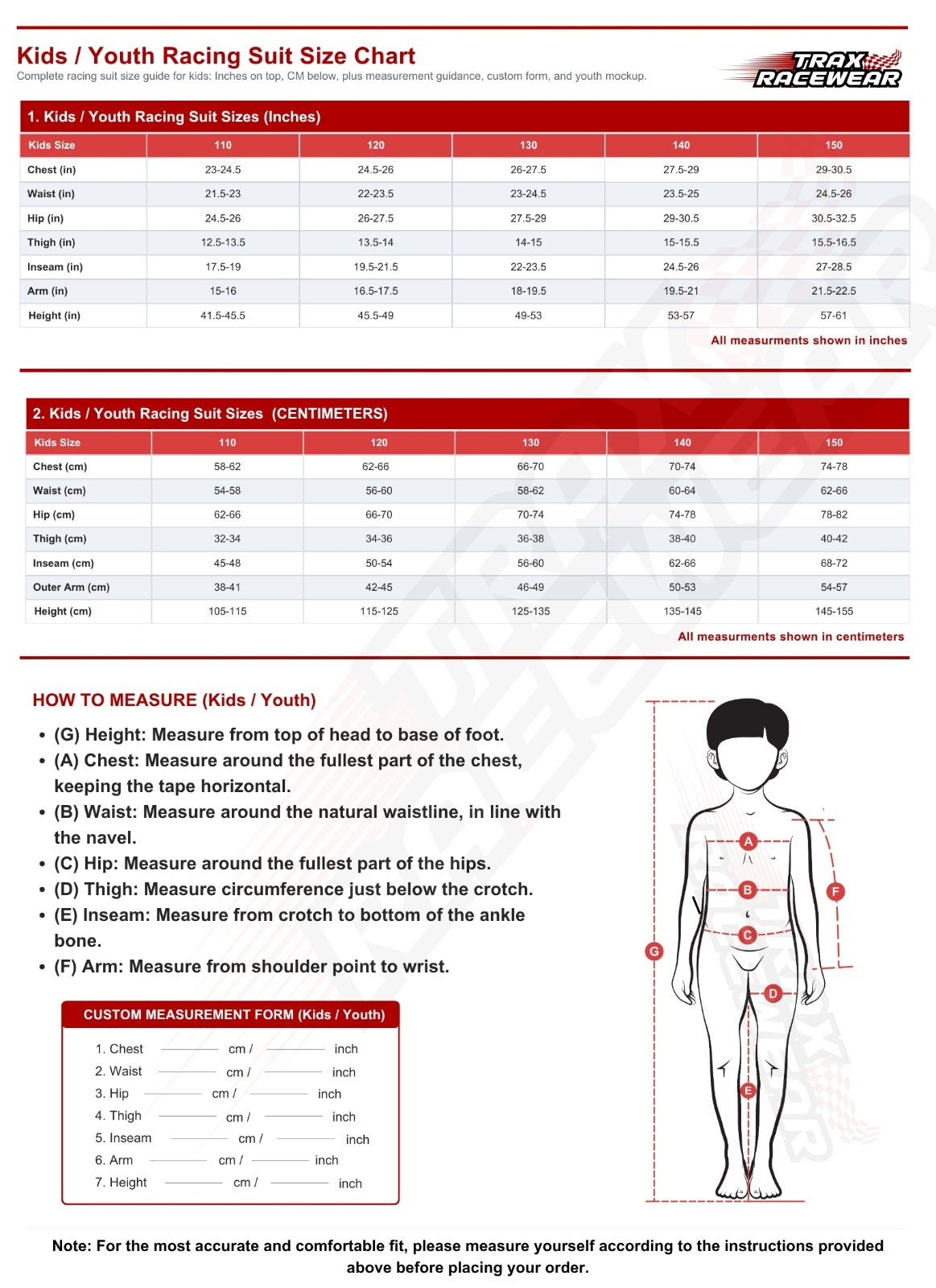A sizing chart for kids and youth racing suit sizes, showing tables of measurements in inches and centimeters, plus a body measurement guide with a red outlined body diagram. The brand name Brain Power Gear is visible in the top right.