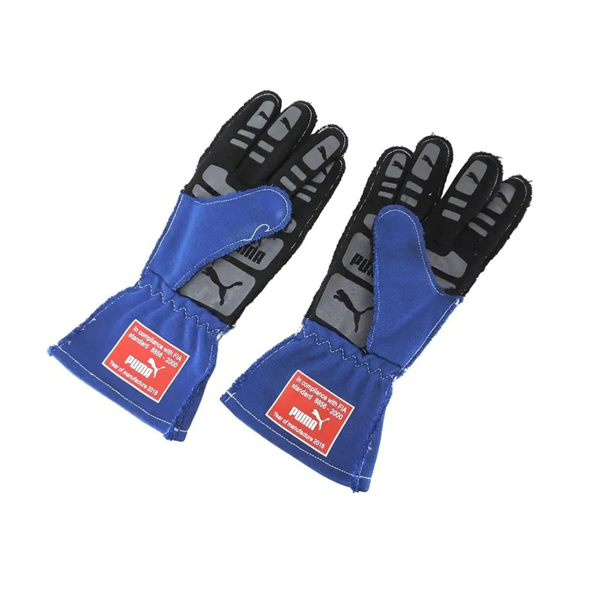Pair of blue and black Valtteri Bottas 2018 Race Gloves Replica F1 Mercedes with Puma logo front view