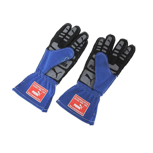 Pair of blue and black Valtteri Bottas 2018 Race Gloves Replica F1 Mercedes with Puma logo front view