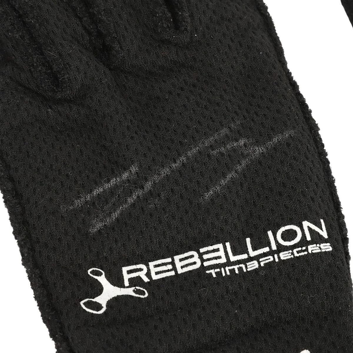 Close-up of a Valtteri Bottas 2022 British GP Race Gloves F1 Mercedes with a white printed logo and the text 'REBELLION TIMEPIECES' on the back of the hand.