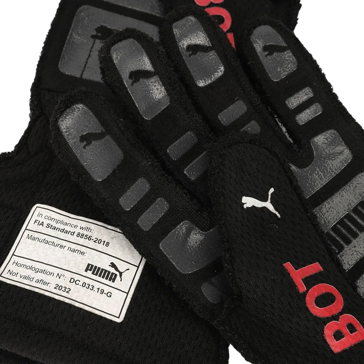 Black Valtteri Bottas 2022 British GP Race Gloves F1 Mercedes with red text and Puma logo on a white background