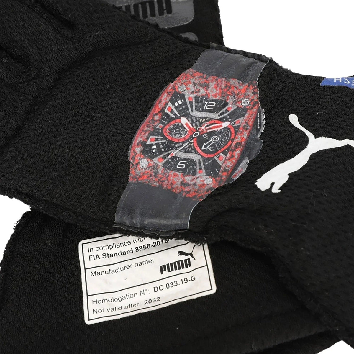 Black Valtteri Bottas 2022 British GP Race Gloves F1 Mercedes with a red and black watch design and Puma logo.