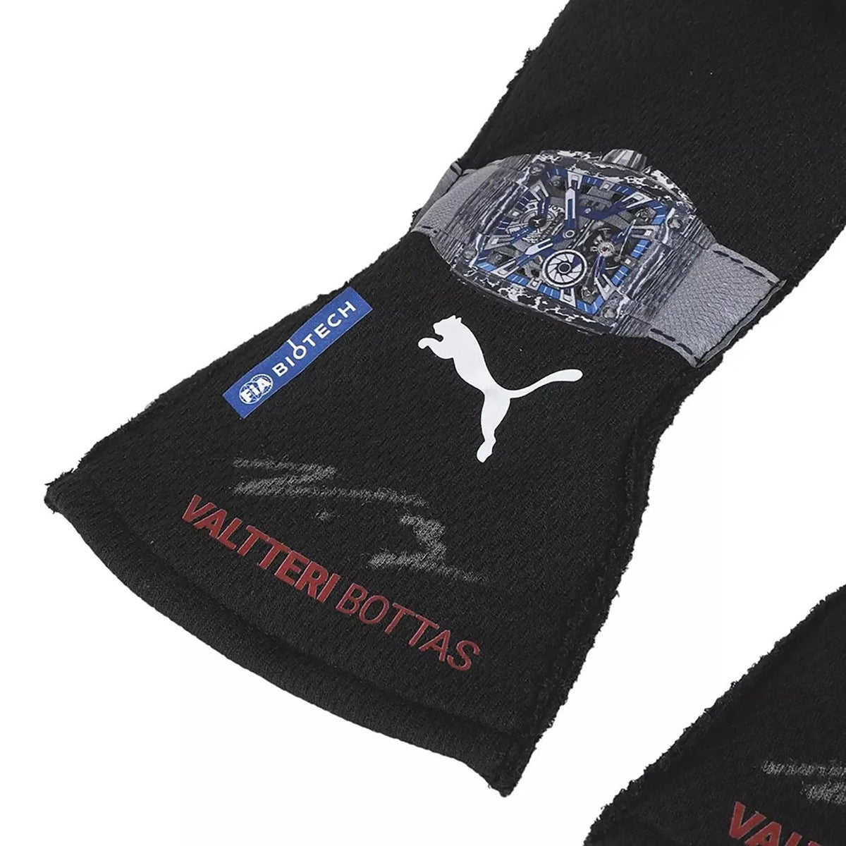 Black wristband on Valtteri Bottas 2023 Replica Race Gloves F1 Mercedes with Puma logo and 'Valtteri Bottas' text on a white background
