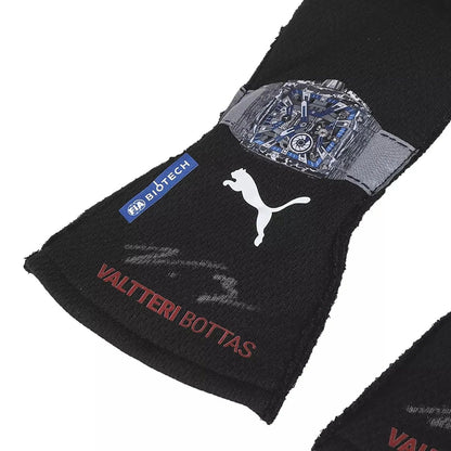 Black wristband on Valtteri Bottas 2023 Replica Race Gloves F1 Mercedes with Puma logo and 'Valtteri Bottas' text on a white background