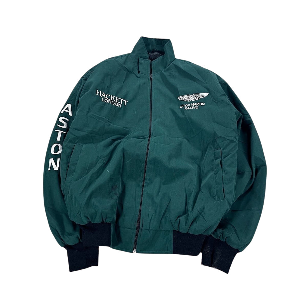 Aston Martin Retro Racing Jacket in retro Aston Martin styling, with contrast panels and a classic bomber shape. Retro race day attire for car meets, circuits and cosplay nights.