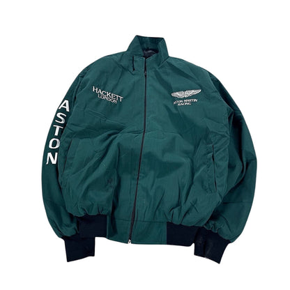 Aston Martin Retro Racing Jacket in retro Aston Martin styling, with contrast panels and a classic bomber shape. Retro race day attire for car meets, circuits and cosplay nights.