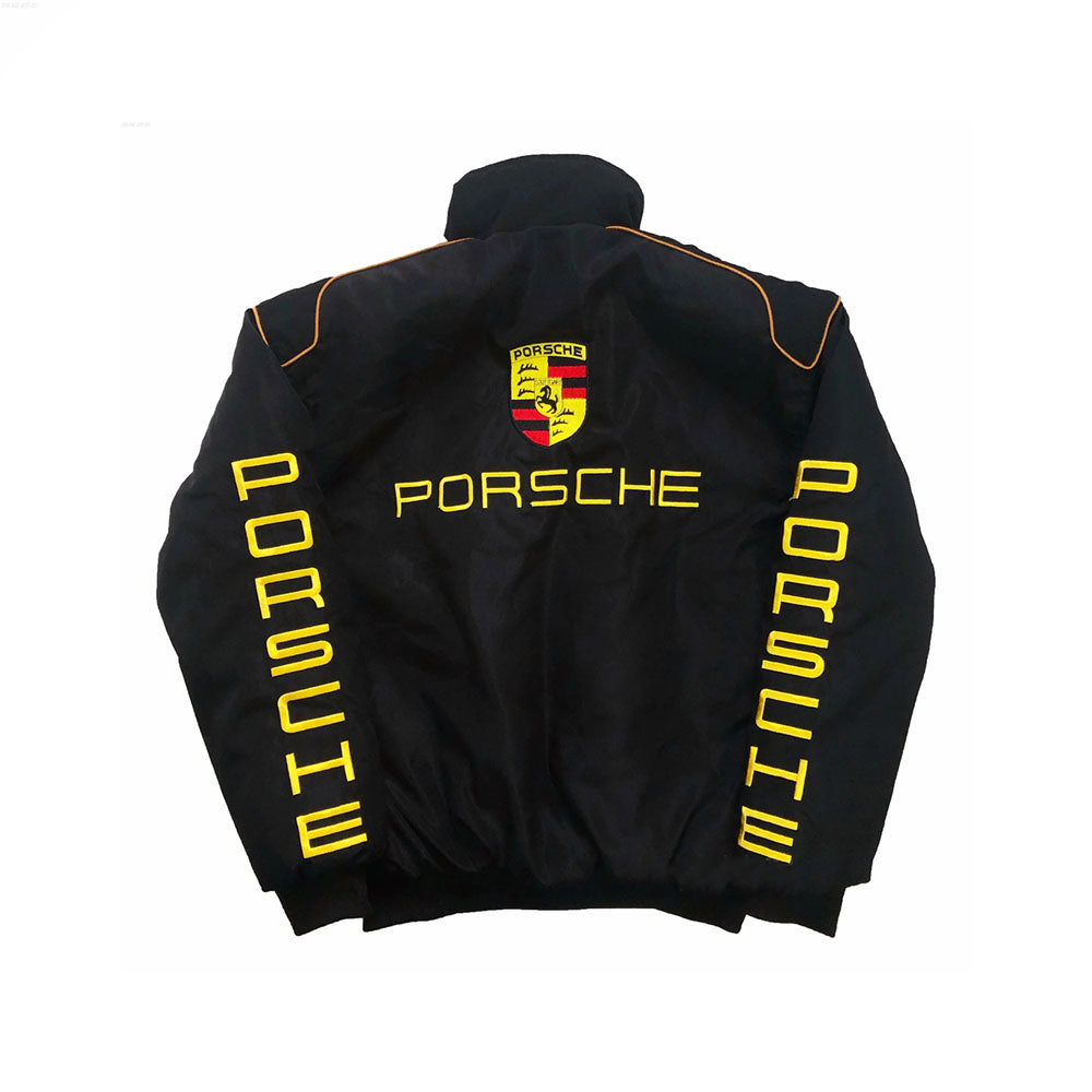 Retro Porsche bomber jacket for fans, showing the embroidered chest badge and ribbed collar. Old-school racing style for everyday wear.