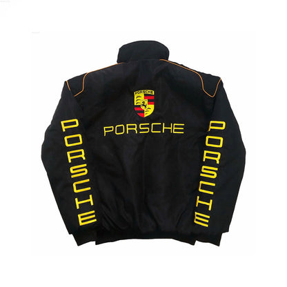 Retro Porsche bomber jacket for fans, showing the embroidered chest badge and ribbed collar. Old-school racing style for everyday wear.