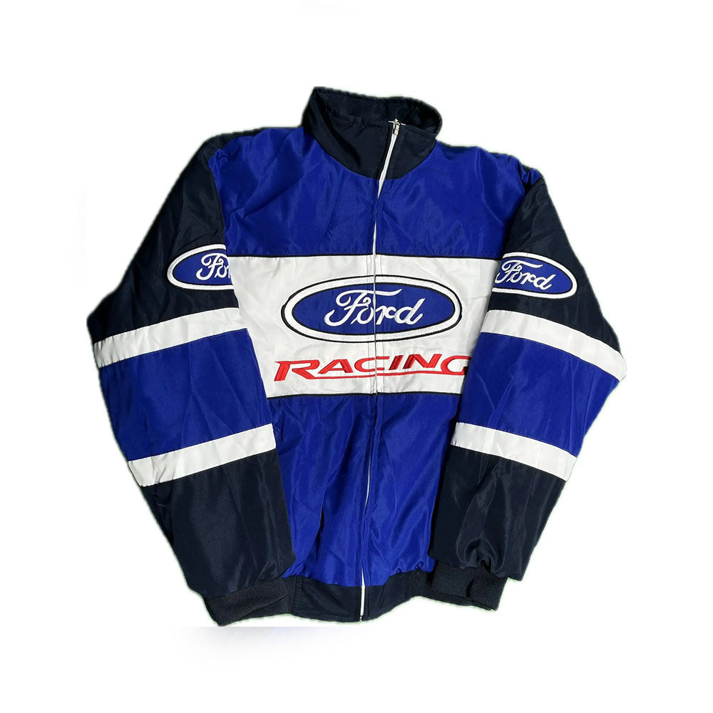Ford Embroidered F1 Retro Bomber Jacket in retro Ford styling, highlighting the full-length zip and side pockets. Retro race day attire for car meets, circuits and cosplay nights.