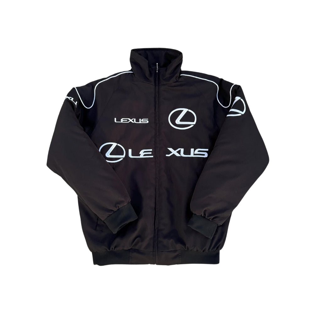 Lexus Embroidered Formula One Retro Jacket in retro Lexus styling, showing the ribbed cuffs and smooth lining. Vintage racing attire that layers easily over a hoodie or shirt.