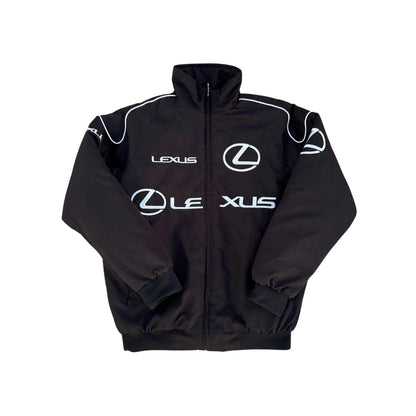 Lexus Embroidered Formula One Retro Jacket in retro Lexus styling, showing the ribbed cuffs and smooth lining. Vintage racing attire that layers easily over a hoodie or shirt.