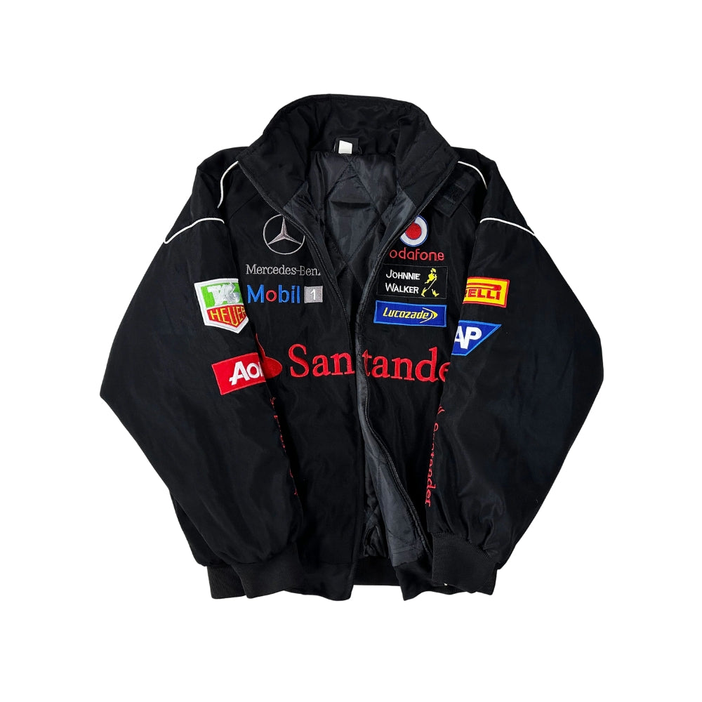 Mercedes vintage racing jacket, with printed sponsor-style graphics across the sleeves. A classic motorsport jacket for fans and collectors alike.