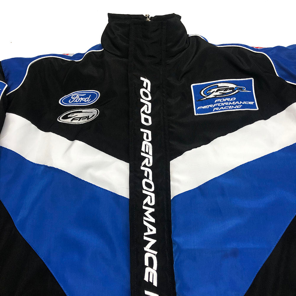 Retro Ford bomber jacket for fans, highlighting the full-length zip and side pockets. Vintage racing attire that layers easily over a hoodie or shirt.