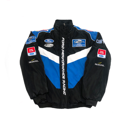 Ford Performance Retro Racing Bomber Jacket in retro Ford styling, with printed sponsor-style graphics across the sleeves. Retro race day attire for car meets, circuits and cosplay nights.