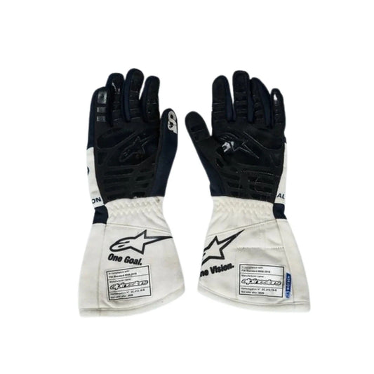 Pair of black and white Yuki Tsunoda 2022 Race Gloves Replica F1 AlphaTauri with visible branding front view