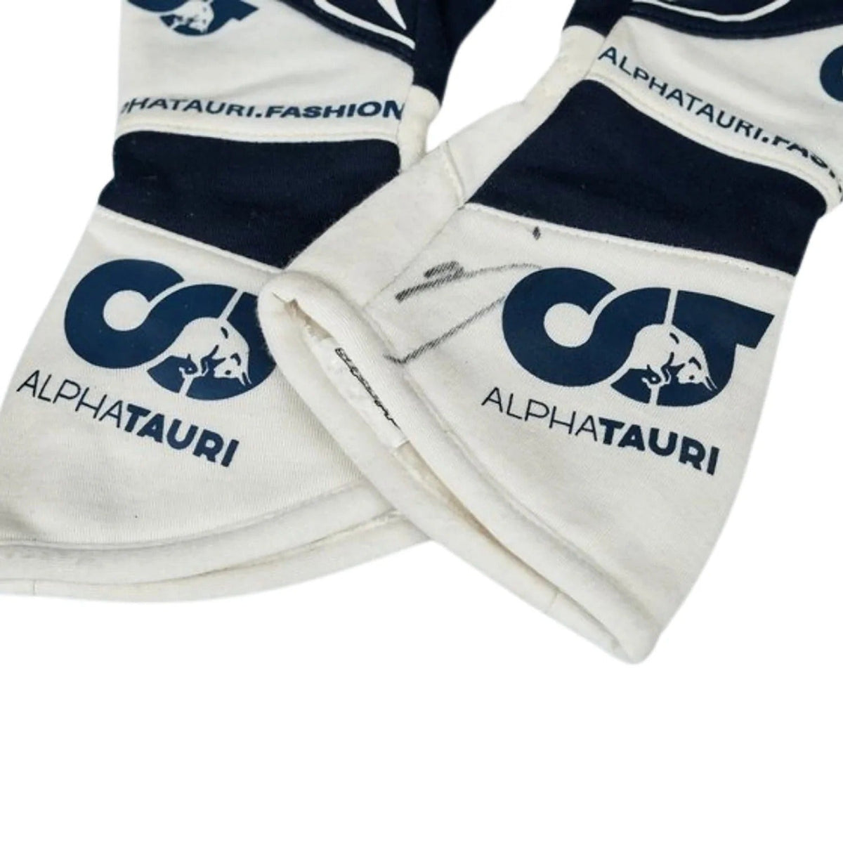 White and navy Yuki Tsunoda 2022 Race Gloves Replica F1 AlphaTauri with AlphaTauri logo closeup view