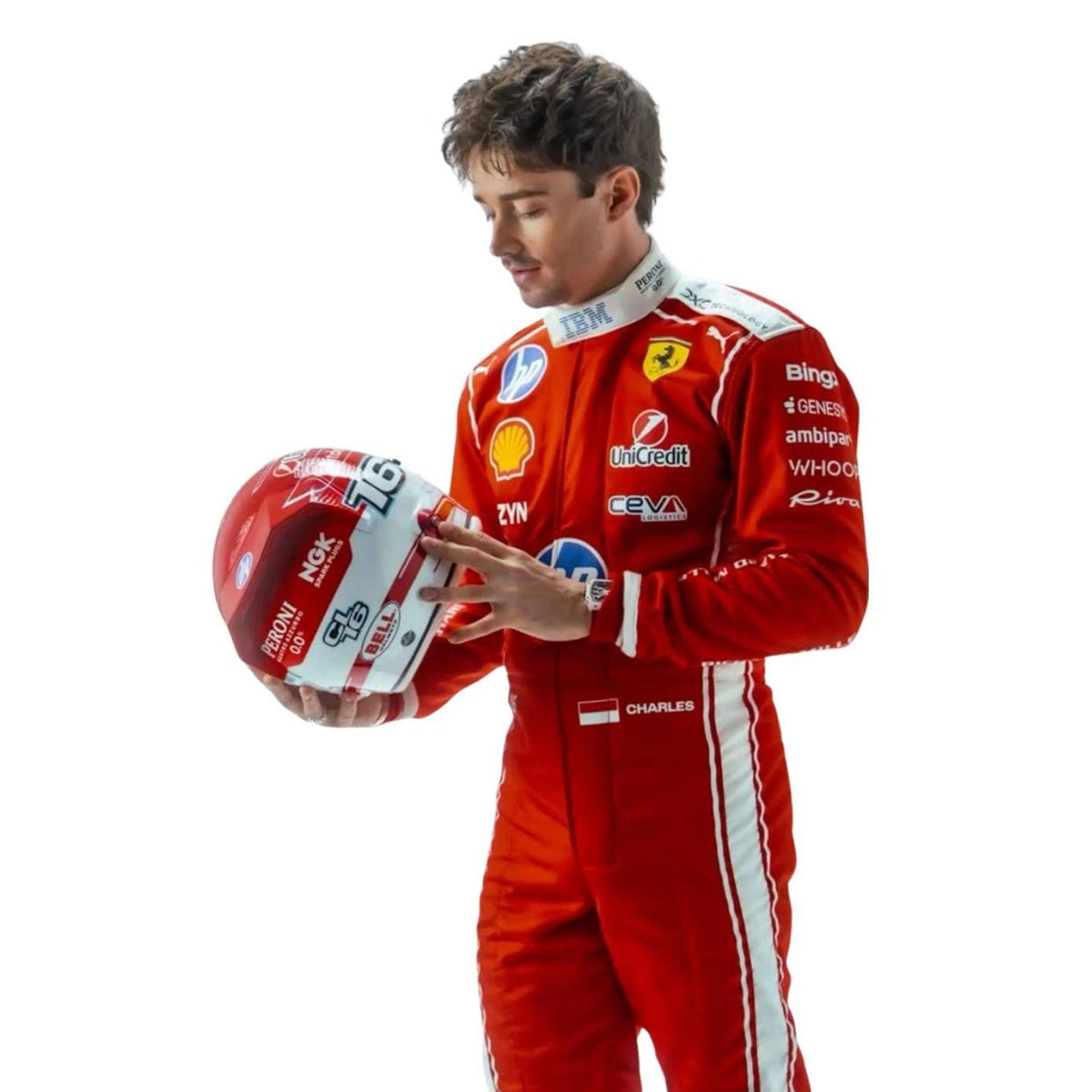 Charles Leclerc wearing a F1 Race suit with various logos on a white background with Close View