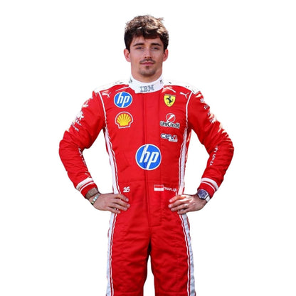 Charles Leclerc wearing a F1 Race suit with various logos on a white background with Close View