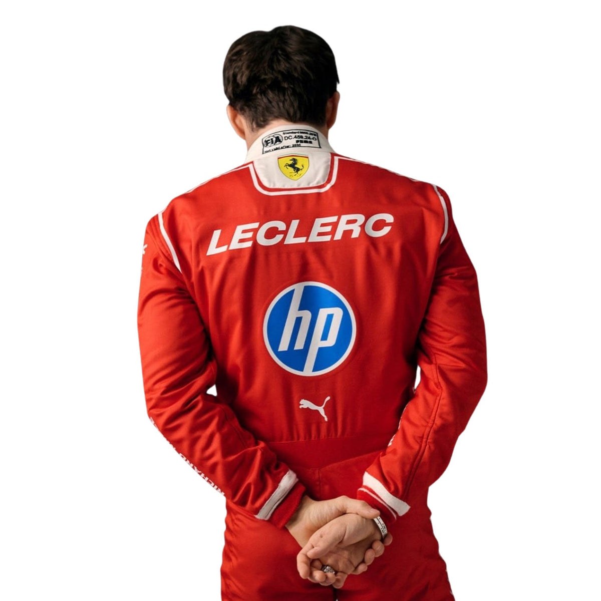 Charles Leclerc wearing a F1 Race suit with various logos on a white background with Close View