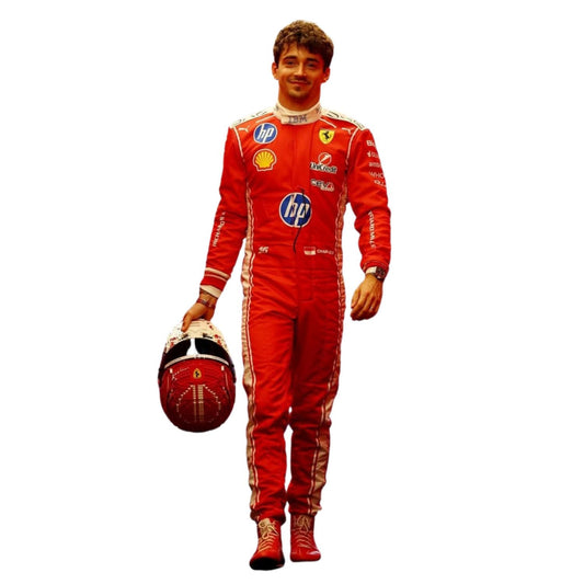 Charles Leclerc wearing a F1 Race suit with various logos on a white background with Front View