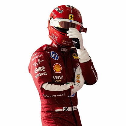 Charles Leclerc 2025 F1 Race Costume Ferrari Monza GP with various sponsor logos side close up view