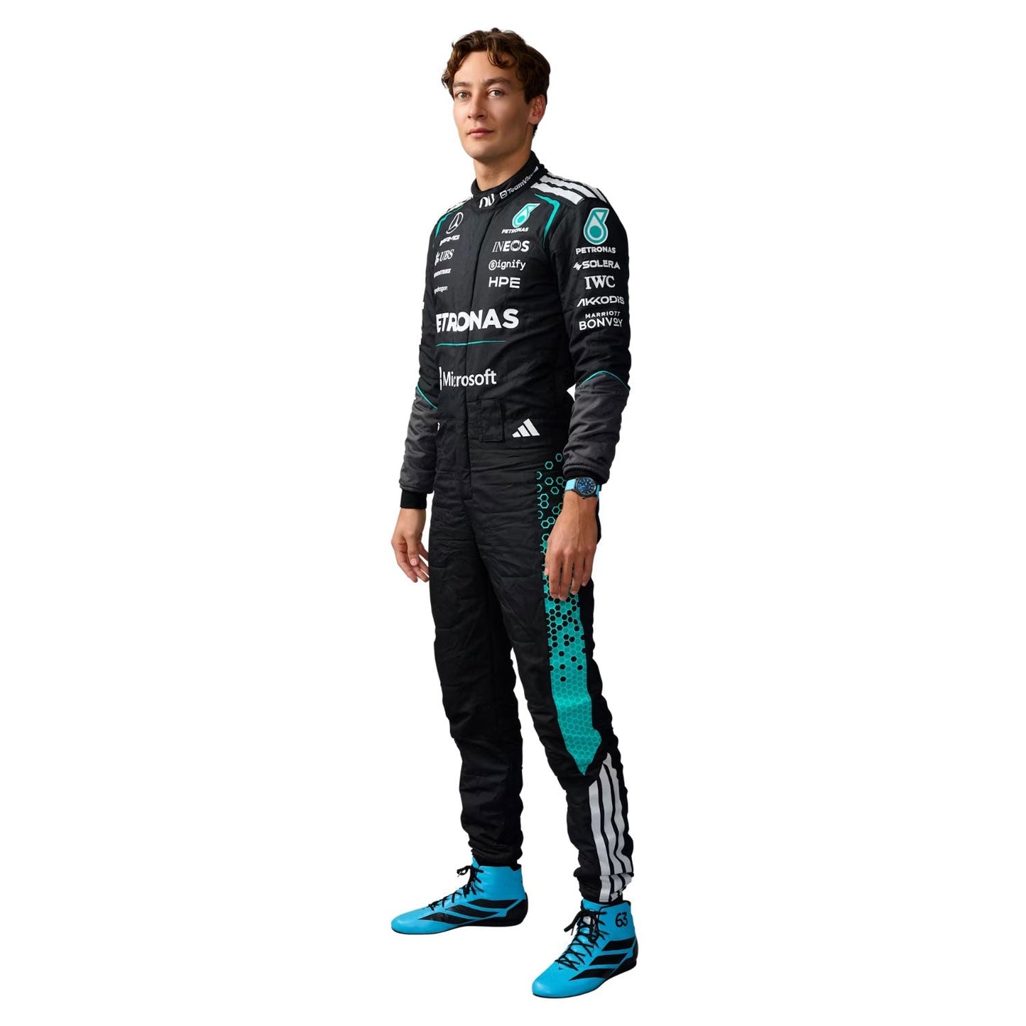 George Russell F1 Race Mercedes Driver Suit Close-Up View