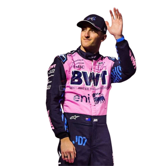 Jack Doohan 2025 F1 Race Suit Alpine with visible branding, waving close up view