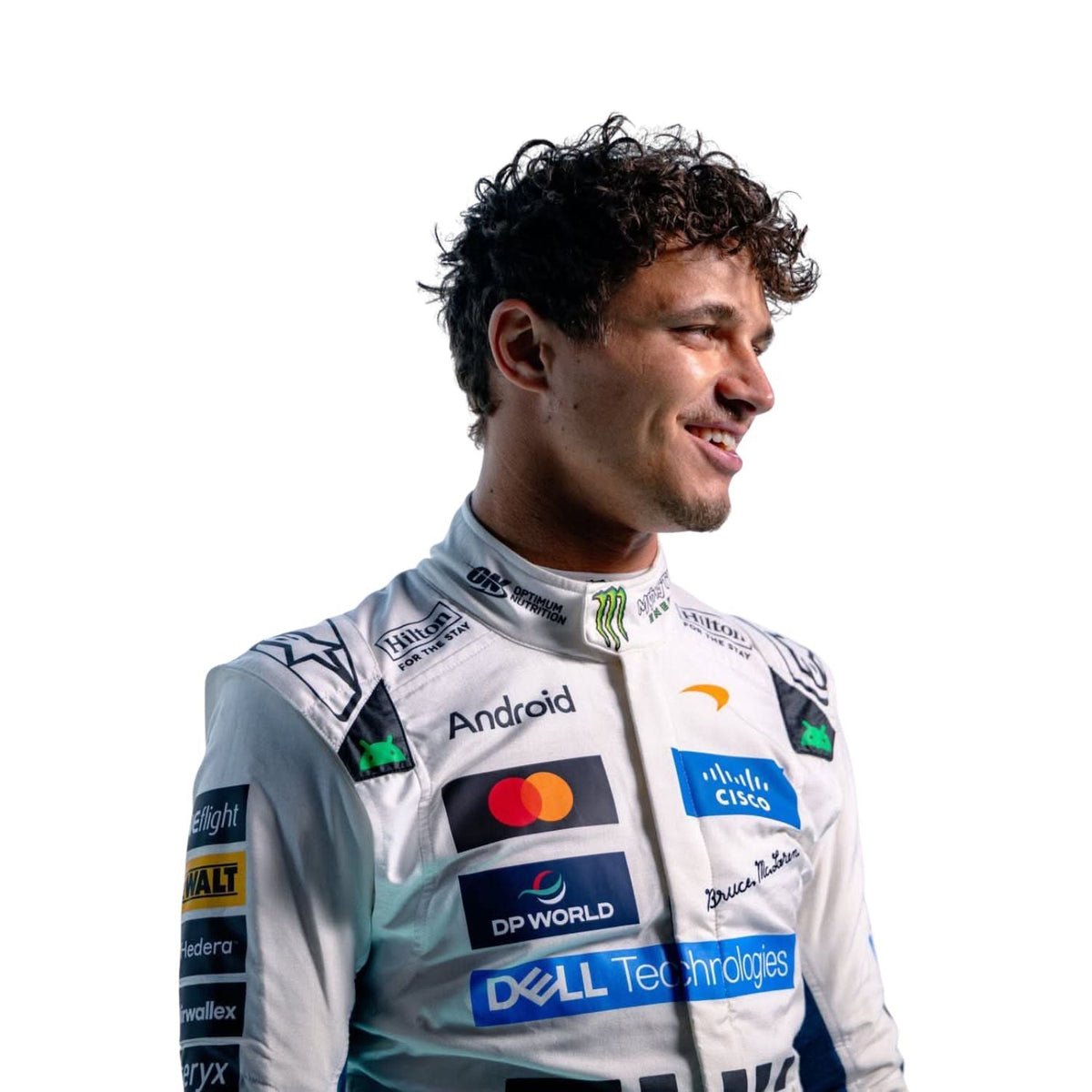 lando norris wearing a white racing suit with multiple sponsor logos stands against a plain white background Close view