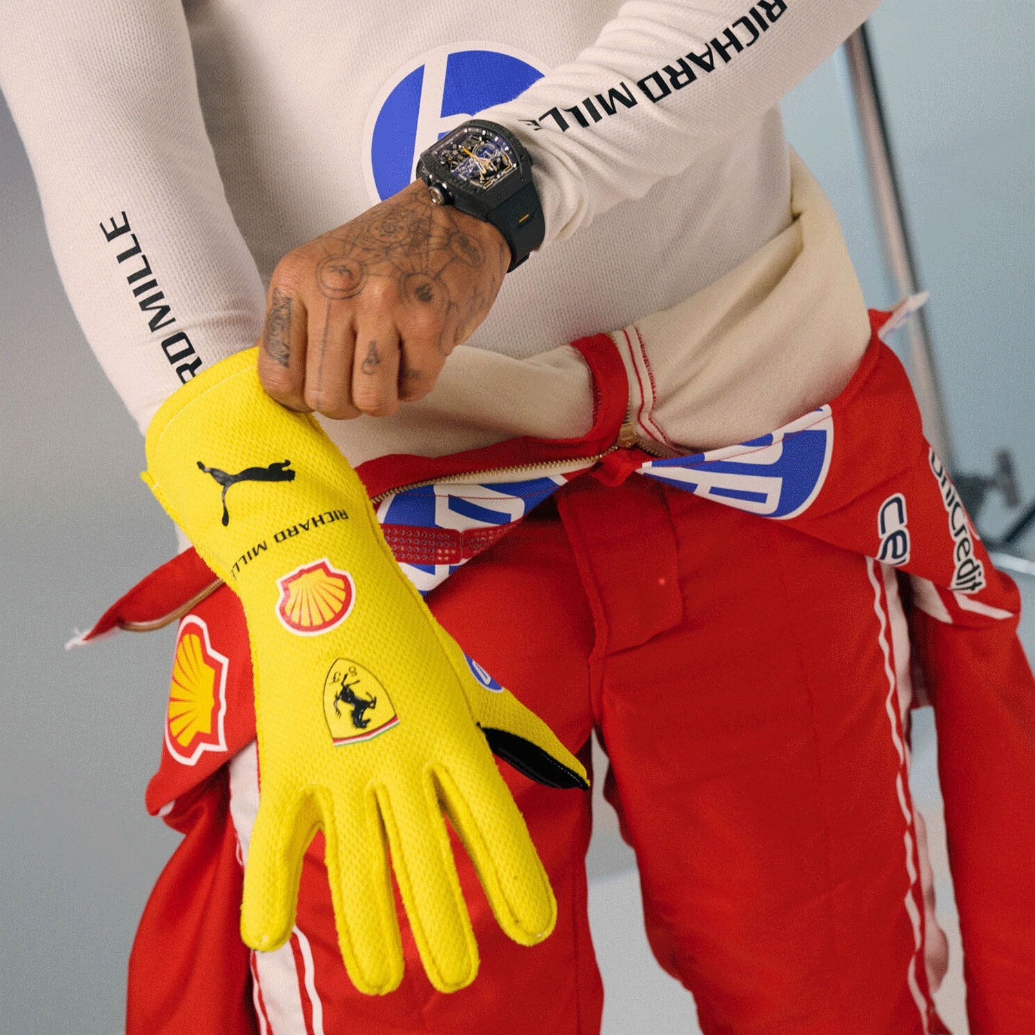 Red Lewis Hamilton 2026 Ferrari Silverstone British GP F1 Race Gloves in close-up detail, showing the palm grip pattern used in GP racing conditions