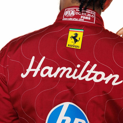Lewis Hamilton 2025 F1 Race Replica Costume Ferrari Monza GP with 'Hamilton' branding and Ferrari logo back view