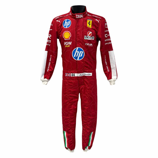 Lewis Hamilton 2025 F1 Race Replica Costume Ferrari Monza GP with various sponsor logos on the front view
