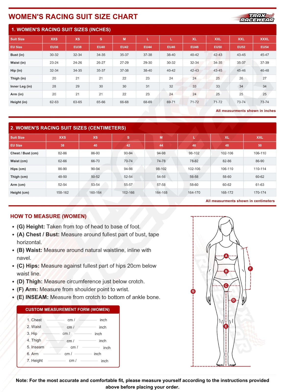 A women's racing suit size chart and measurement guide with tables in inches and centimeters, sizing categories XXS to XXL, measurement instructions, and a line diagram showing body points for fitting.